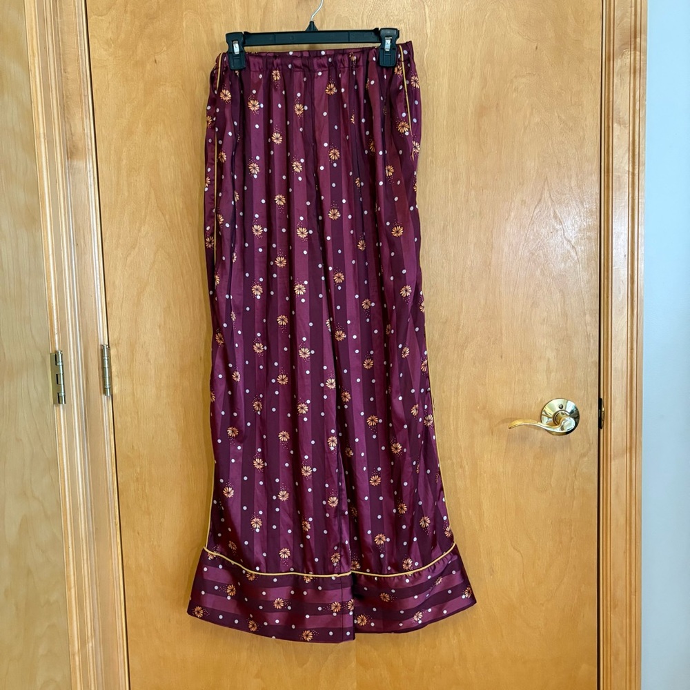 Free People Pajama Pants Womens Small Burgundy Satin Floral Striped Wide Leg
